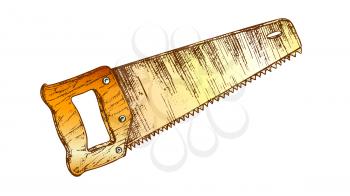 Hand Saw Woodworker Instrument Closeup Vector. Saw Equipment For Cutting Wood. Handyman Manual Toothed Tool For Repair And Construct Drawn In Retro Style Color Illustration