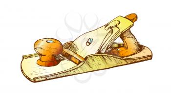 Jack-plane Hand Industry Instrument Closeup Vector. Jack-plane Equipment For Wood Processing And Manufacture Furniture. Carpenter Craft Tool Drawn In Vintage Style Color Illustration