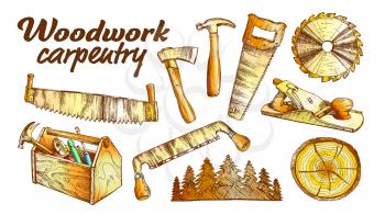 Woodwork Carpentry Collection Equipment Set Vector. Hand Saw And Circular Blade, Wooden Slab And Forest, Tree Cross Section And Planer Tool, Hammer And Ax Carpentry Tools. Color Illustration