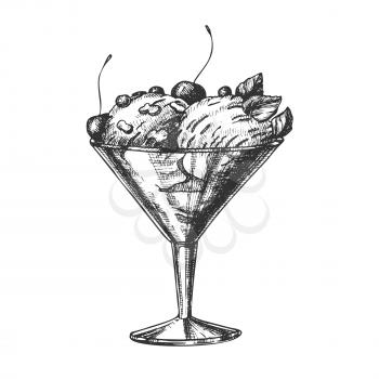 Glass With Fruit Scoop Ice Cream Vintage Vector. Tasty Frozen Milk Dessert Ice Cream In Cup Decorated Cherry, Berries Mint Leaves And Cookies Concept. Designed Template Monochrome Illustration