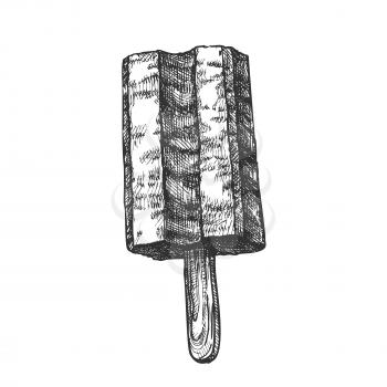 Vanilla Dairy Ice Cream On Stick Monochrome Vector. Frozen Stick Confection Dessert Concept. Cold Delicious Refreshing Product Hand Drawn In Retro Style Template Black And White Illustration