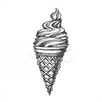 Ice Cream In Waffle Cornet Snow Cone Ink Vector. Whipped Milk Cold Gelato Sweet Dessert Ice Cream Concept. Refreshing Natural Dairy Tasty Snack Designed Template Black And White Illustration