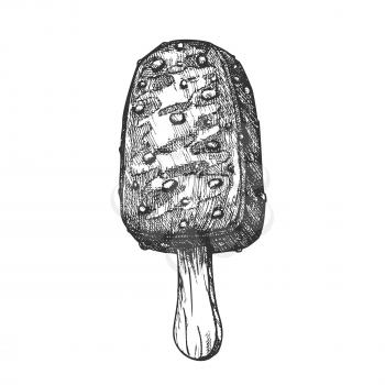 Ice Cream Covering Chocolate And Nuts Ink Vector. Creamy Frozen Dessert With Chocolate Glazed And Hazel On Stick Concept. Cold Delicious Product Designed Template Black And White Illustration