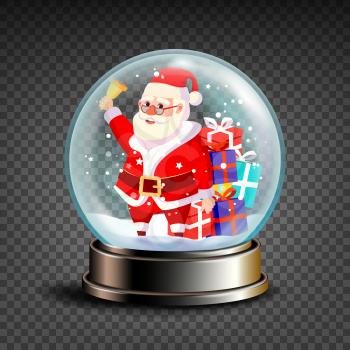 Christmas Snowglobe Vector. Santa Claus Ringing Bell And Smiling. Glossy Dome. Magic Xmas Holiday Souvenir. Transparent Background . Illustration