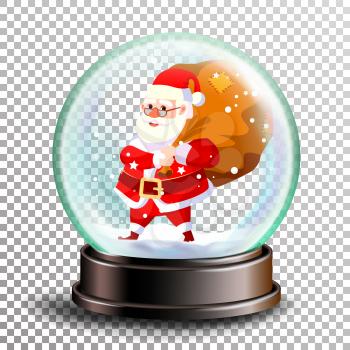 Christmas Snowglobe Vector. Cute Santa Claus With Gifts. Sphere Ball. Crystal Glass Empty Ball. Transparent Background . Illustration