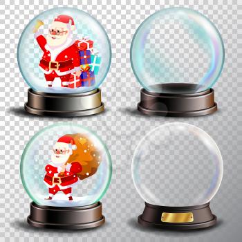 Christmas Snowglobe Set Vector. Empty Snow Globe. Winter Xmas Design Element. Glossy Dome. Magic Xmas Holiday Souvenir. Cute Santa Claus With Gifts. Transparency Souvenir. Illustration