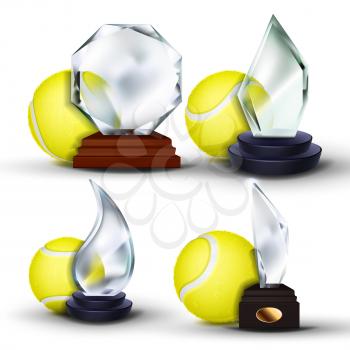 Tennis Game Award Set Vector. Ball, Glass Trophy. Tournament. Design For Sport Promotion. Certificate, Diploma. Event Announcement. Banner Advertising Illustration