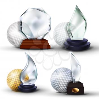 Golf Game Award Set Vector. Golf Ball, Glass Trophy. Modern Golf Tournament. Design For Sport Promotion. Certificate, Diploma. Sport Event Announcement. Banner Advertising. Illustration