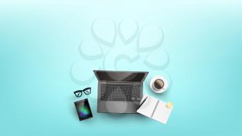 Devices For Work Or Education Flat Lay Vector. Pen And Binder Paperclip Notebook With Piece Of Paper On Laptop, Cup Of Coffee, Glasses And Tablet Instruments For Work. Copy Space Top View Illustration