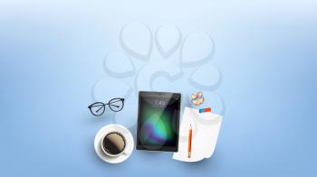 Devices For Working In Internet Flat Lay Vector. Mug Of Coffee Near Eye Glasses, Laptop, Pencil On Blank List, Eraser And Sharpening Shavings On Working Desk. Copy Space Top View Illustration