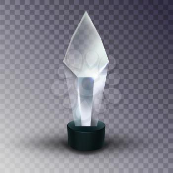 Blank Glass Trophy Award In Crystal Form Vector. Glossy Trophy On Black Plastic Stand Isolated On Transparency Grid Background. Prize For Championship Winner Template Realistic 3d Illustration