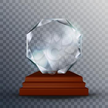 Modern Reflection Blank Glass Trophy Award Vector. Concept Of Glossy Blank Round Trophy On Wooden Pedestal. Clear Prestigious Prize Reward Scientist Or Inventor Template Realistic 3d Illustration