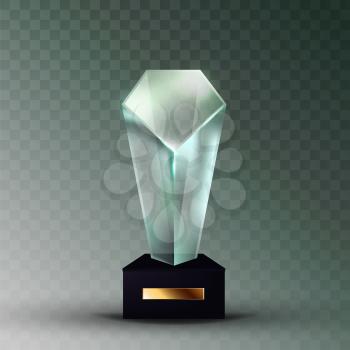 Blank Glass Trophy Prize In Crystal Shape Vector. Glossy Trophy On Black Plastic Pedestal With Empty Golden Rectangular Nameplate. Reward For Championship Winner Template Realistic 3d Illustration