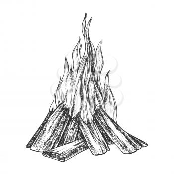 Traditional Burning Bonfire Monochrome Vector. Hiking Fiery Wooden Sticks Bonfire Fireplace. Hot Forks Of Flame And Wood Timber Hand Drawn In Retro Style Black And White Illustration