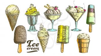 Color Assortment Frozen Ice Cream Set Vintage Vector. Wafer Cone, Caramel Eskimo Or Chocolate Glaze Sundae With Nuts, Whipped Cream And Fruit Concept. Designed Template Illustrations