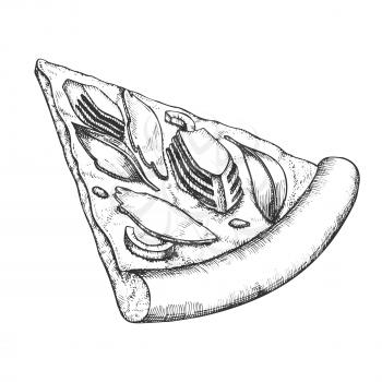 Delicious Freshness Slice Pizza Hand Drawn Vector. Cooked Slice Cheese Pizza With Ingredients Jamon And Artichoke, Basil Leaves And Olive Concept. Designed Pizzeria Food Monochrome Illustration