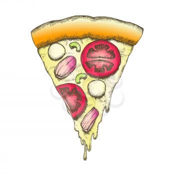 Color Vegetable Italian Slice Piece Pizza Vintage Vector. Cooked Slice Pizza With Ingredients Mushrooms And Mozzarella Cheese, Tomatoes And Olives Concept. Designed Pizzeria Food Illustration