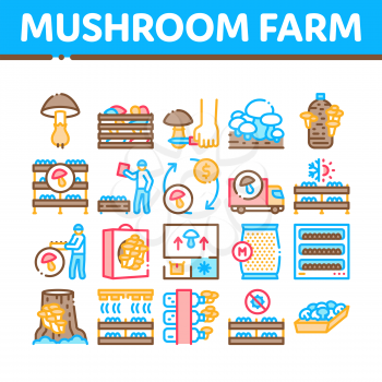Mushroom Farm Plant Collection Icons Set Vector. Mushroom Farm Agriculture Planting And Harvest, Natural Organic Product Delivery Concept Linear Pictograms. Color Contour Illustrations