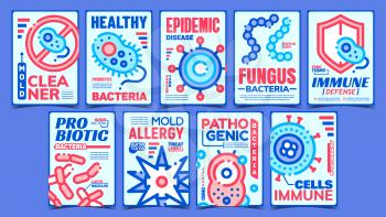 Pathogen Creative Advertising Posters Set Vector. Probiotic And Pathogen Bacteria, Mold Allergy And Cleaner, Epidemic Disease And Immune Cells Collection Banners. Concept Template Style Illustrations