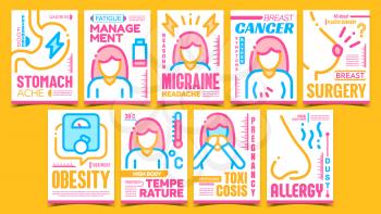 Health Treatment Advertising Posters Set Vector. Stomach Ache And Migraine Treatment, Body Temperature And Fatigue Management, Breast Cancer And Surgery. Concept Template Style Color Illustrations