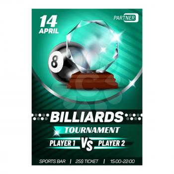 Billiard Snooker Sport Winner Reward Poster Vector. Billiard Ball And Award For Club Win Player High Score. Championship Leadership Award Game Achievement Color Concept Template Illustration