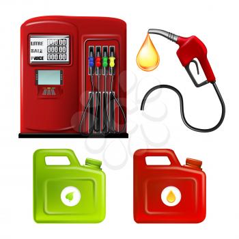 Gas Station Hosepipe And Canisters Set Vector. Collection Of Station Equipment, Hose Pipe With Petrol Drop And Jerrycan For Bio Eco Clean Fuel Hydrogen And Petroleum. Layout Realistic 3d Illustrations