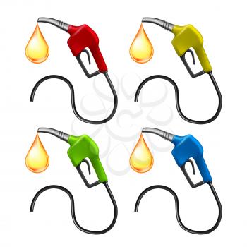 Petrol Hose Pump With Fuel Liquid Drop Set Vector. Collection Of Different Color Petroleum Hose For Refueling Automobile Tank. Gas Station Equipment Template Realistic 3d Illustrations