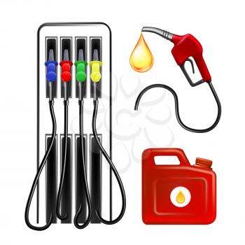 Gas Station Tool, Hosepipe And Canister Set Vector. Collection Of Fuel Station Equipment, Hose Pipe With Petrol Drop And Jerrycan. Car Refueling Service Template Realistic 3d Illustrations