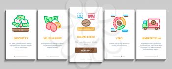 Coffee Production Onboarding Mobile App Page Screen Vector. Coffee Production Factory And Conveyor, Roasted Beans And Tree, Truck Delivery And Package Illustrations