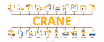 Crane Building Machine Minimal Infographic Web Banner Vector. Crane Port Construction For Unloading Ship And Tower For Build House, Lifting Weight Illustration