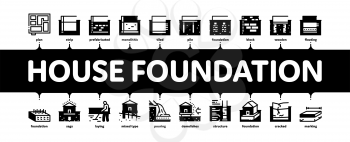 House Foundation Base Minimal Infographic Web Banner Vector. Concrete And Brick Building Foundation, Broken And Rickety Basement, Plan And Size Illustration
