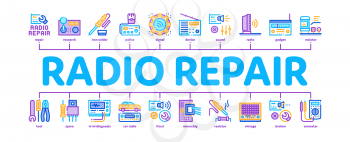 Radio Repair Service Minimal Infographic Web Banner Vector. Radio Repair Electronic And Mechanical Equipment Soldering Iron And Ammeter Illustration