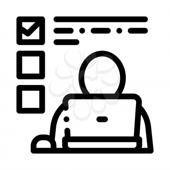 Man Working At Laptop Job Hunting Vector Icon Thin Line. Hunting Business People And Recruitment Candidate, Team Work And Partnership Concept Linear Pictogram. Monochrome Contour Illustration