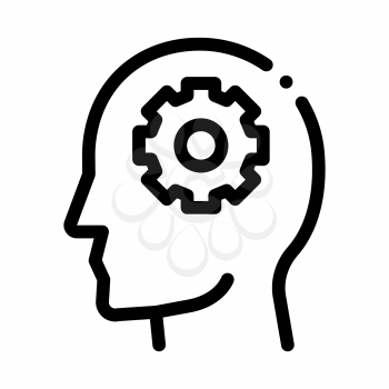 Gear Cogwheel Mechanism In Silhouette Mind Vector Icon Thin Line. Cube And Brain, Heart And Shield, Padlock And Magnifier Concept Linear Pictogram. Black And White Template Contour Illustration