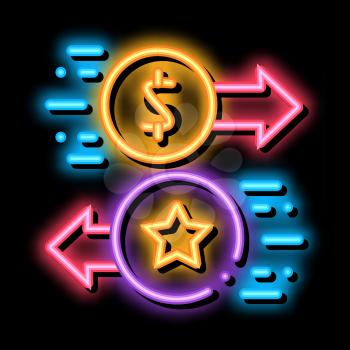 Exchange Bonuses for Money neon light sign vector. Glowing bright icon Exchange Bonuses for Money sign. transparent symbol illustration
