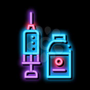 Syringe and Medicine Beaker neon light sign vector. Glowing bright icon Syringe and Medicine Beaker sign. transparent symbol illustration