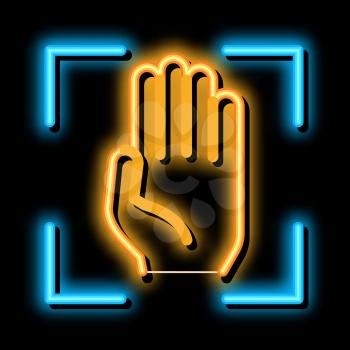Person Handprint Scan neon light sign vector. Glowing bright icon Person Handprint Scan sign. transparent symbol illustration