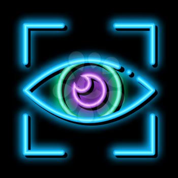 Human Eye Scanning neon light sign vector. Glowing bright icon Human Eye Scanning sign. transparent symbol illustration