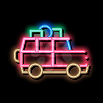Camping Car with Luggage neon light sign vector. Glowing bright icon Camping Car with Luggage sign. transparent symbol illustration