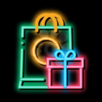 Shopping Bag with Gift Inside neon light sign vector. Glowing bright icon Shopping Bag with Gift Inside sign. transparent symbol illustration