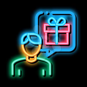 Man with Gift Thought neon light sign vector. Glowing bright icon Man with Gift Thought sign. transparent symbol illustration