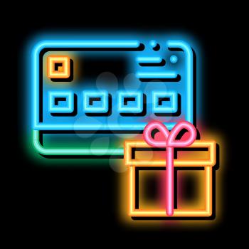 Gift Bought with Credit Card neon light sign vector. Glowing bright icon Gift Bought with Credit Card sign. transparent symbol illustration