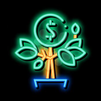 Money Tree Pot neon light sign vector. Glowing bright icon Money Tree Pot sign. transparent symbol illustration