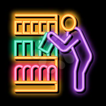 Man Choose Products neon light sign vector. Glowing bright icon Man Choose Products sign. transparent symbol illustration