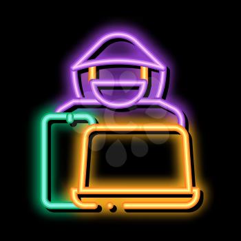 Theft of Technology Laptop, Smartphone neon light sign vector. Glowing bright icon Theft of Technology Laptop, Smartphone sign. transparent symbol illustration