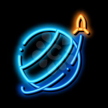 Rocket Fly Round Planet neon light sign vector. Glowing bright icon Rocket Fly Round Planet sign. transparent symbol illustration