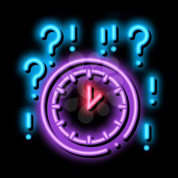 Clock And Question Mark neon light sign vector. Glowing bright icon Clock And Question Mark sign. transparent symbol illustration