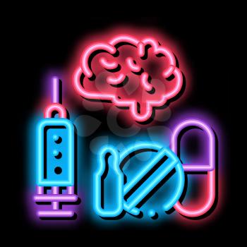 Brain, Syringe And Pills neon light sign vector. Glowing bright icon Brain, Syringe And Pills sign. transparent symbol illustration