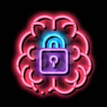 Brain And Locked Padlock neon light sign vector. Glowing bright icon Brain And Locked Padlock sign. transparent symbol illustration