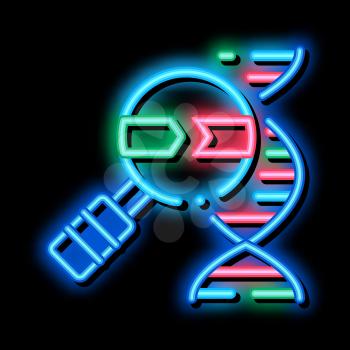 Molecule And Magnifier neon light sign vector. Glowing bright icon Molecule And Magnifier sign. transparent symbol illustration